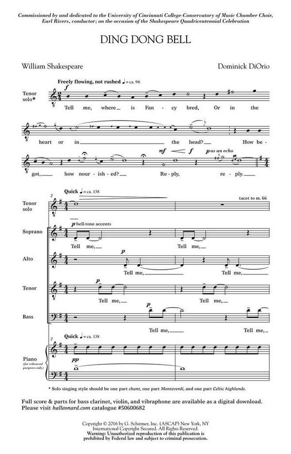 Dominick DiOrio, Ding, Dong, Bell&nbsp;&nbsp;SATB and Piano&nbsp;&nbsp;Klavierauszug