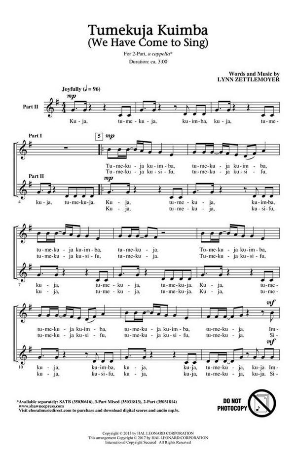 Lynn Zettlemoyer, Tumekuja Kuimba (we Have Come To Sing!)&nbsp;&nbsp;2-Part Choir&nbsp;&nbsp;Chorpartitur