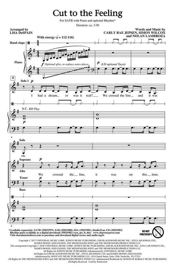 Carly Rae Jepsen_Nolan Lambroza_Simon Wilcox, Cut To The Feeling&nbsp;&nbsp;SATB&nbsp;&nbsp;Chorpartitur