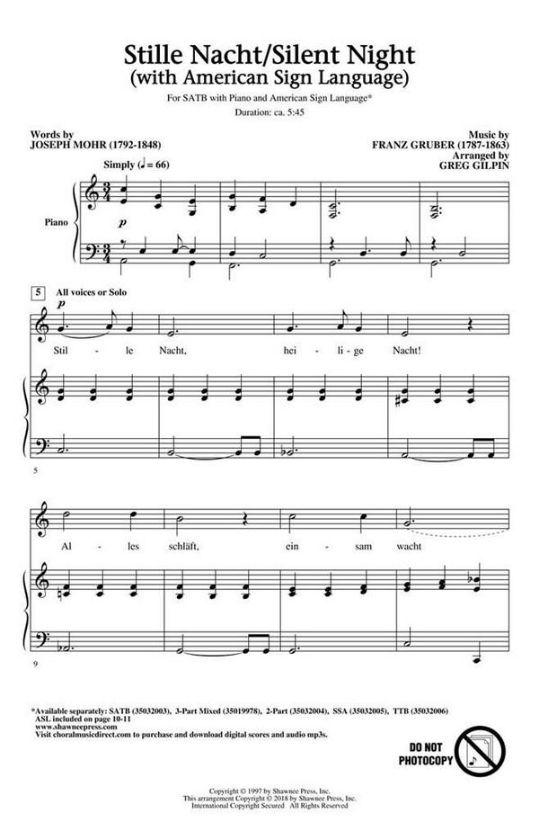 Franz Gruber, Stille Nacht/Silent Night&nbsp;&nbsp;SATB&nbsp;&nbsp;Chorpartitur