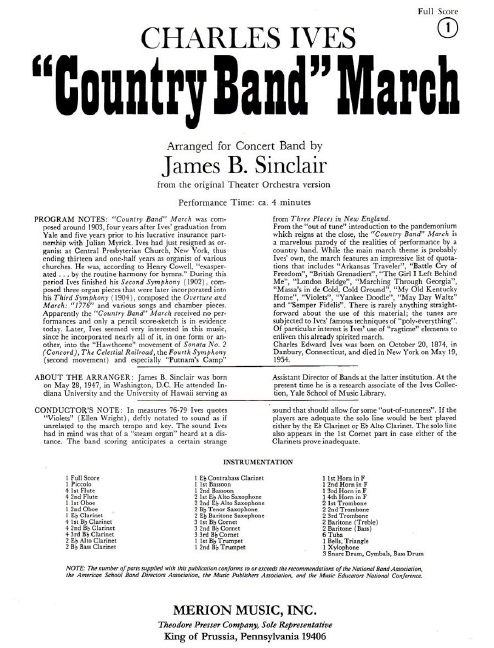 Charles Ives Country Band March&nbsp;&nbsp;sinfonisches Blasorchester&nbsp;&nbsp;Partitur