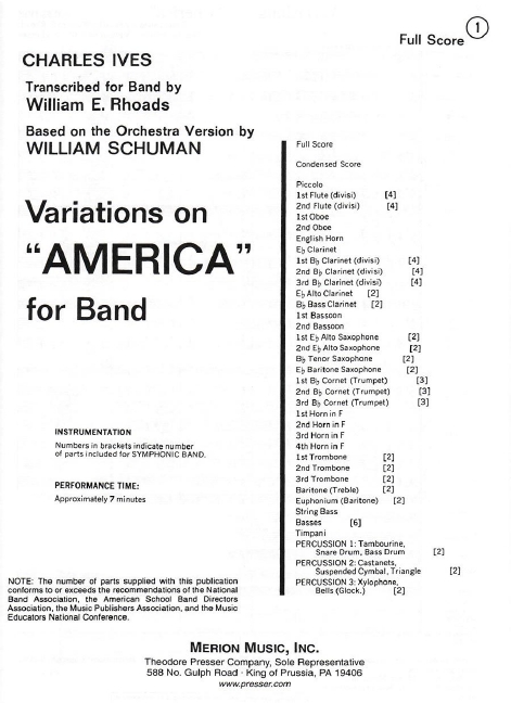 Charles Ives Variations On 'America'-Full Score&nbsp;&nbsp;sinfonisches Blasorchester&nbsp;&nbsp;Partitur