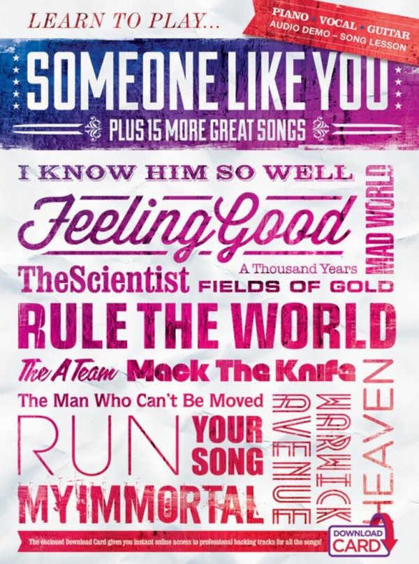 Learn to play Someone like You plus 15 more&nbsp;&nbsp;great Songs&nbsp;&nbsp;songbook piano/vocal/guitar