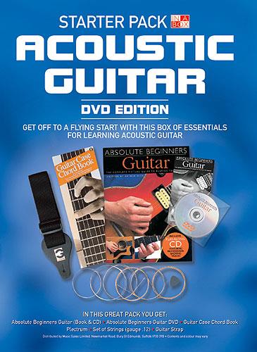 STARTER PACK ACOUSTIC GUITAR:&nbsp;&nbsp;BOOK, CD, DVD, CHORD BOOK,&nbsp;&nbsp;PLECTRUM, SET OF STRINGS, GUITAR STRAP