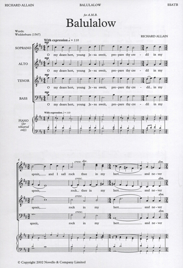 Richard Allain, Balulalow&nbsp;&nbsp;SATB&nbsp;&nbsp;Chorpartitur