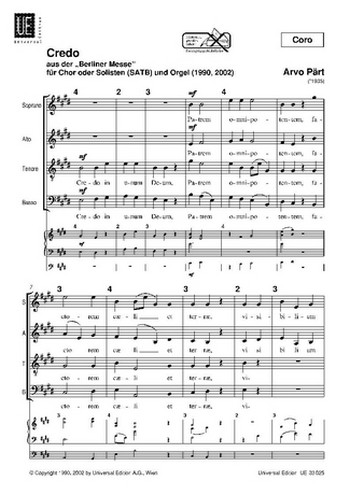 Credo aus der 'Berliner Messe'&nbsp;&nbsp;für Chor SATB oder Solisten und Orgel&nbsp;&nbsp;