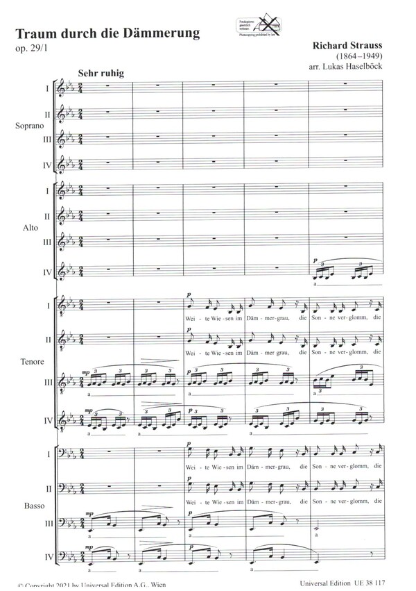 Traum durch die Dämmerung op.29,1&nbsp;&nbsp;für gem Chor a cappella&nbsp;&nbsp;Chorpartitur