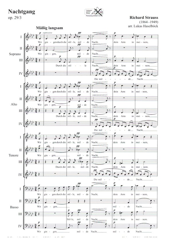 Nachtgang op.29,3&nbsp;&nbsp;für gem Chor a cappella&nbsp;&nbsp;Chorpartitur