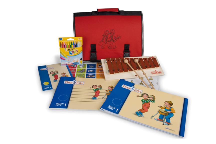 Tina und Tobi Erstausstattung&nbsp;&nbsp;(rote Tasche, Glockenspiel, Malstifte, Fibel 1 kpl, Marken 1 kpl, Notenheft 1)&nbsp;&nbsp;