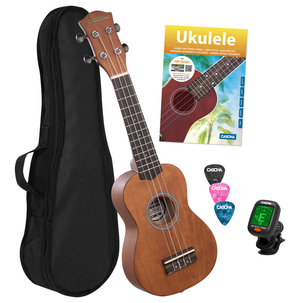 Sopran Ukulele Linde Cappuccino Set  (inkl. Schule, Tuner, ungepolstert Tasche und 3 Plektren)  