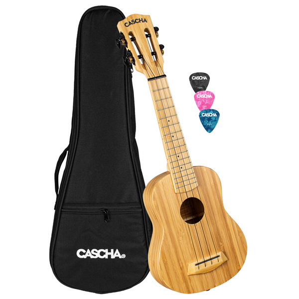 Sopran Ukulele Bamboo Natur (inkl. gepolsterte Tasche, 3 Picks)    