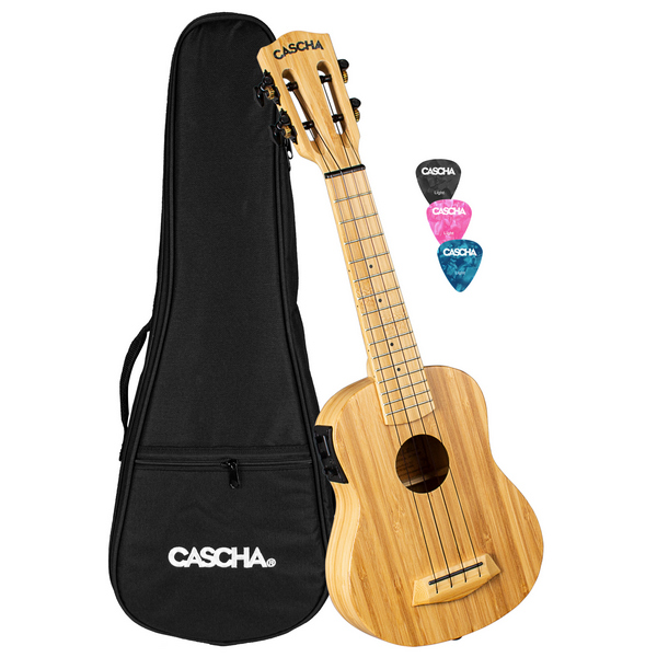 Sopran Ukulele Bamboo Natur mit Tonabnehmersystem  (inkl. gepolsterte Tasche, 3 Plektren, Tonabnehmer mit integriertem  Stimmgerät und 3-Band-Equalizer)