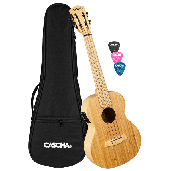 Tenor Ukulele Bamboo Natur mit Tonabnehmersystem  (inkl. gepolsterte Tasche, 3 Plektren, Tonabnehmer mit integriertem  Stimmgerät und 3-Band-Equalizer)