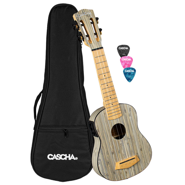 Sopran Ukulele Bamboo Graphit mit Tonabnehmersystem  (inkl. gepolsterte Tasche, 3 Plektren, Tonabnehmer mit integriertem  Stimmgerät und 3-Band-Equalizer)