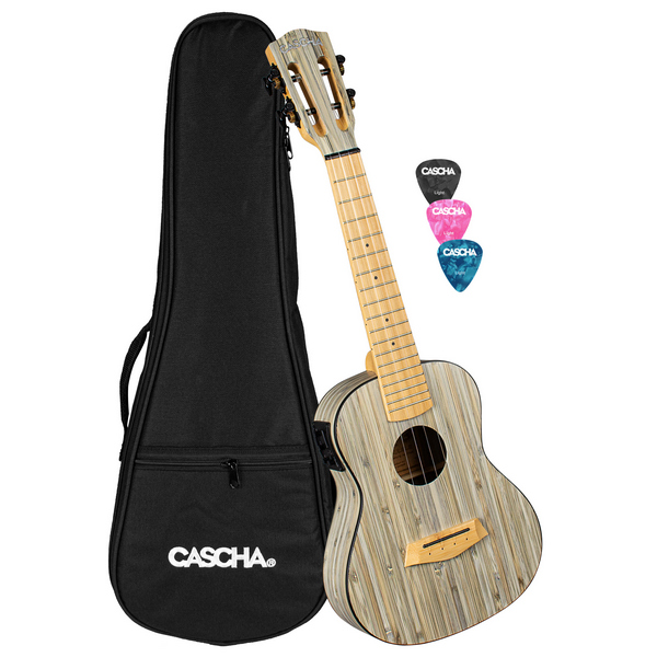 Konzert Ukulele Bamboo Graphit mit Tonabnehmersystem  (inkl. gepolsterter TAsche, 3 Plektren, Tonabnahmer mit integriertem  Stimmgerät und 3-Band-Equalizer)