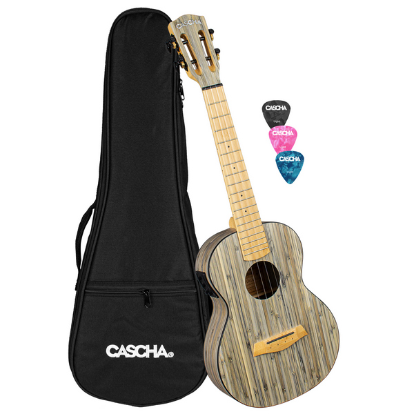 Tenor Ukulele Bamboo Graphit mit Tonabnehmersystem  (inkl. gepolsterte TAsche, 3 Plektren und Tonabnehmer mit  integriertem Stimmgerät und 3-Band Equalizer)