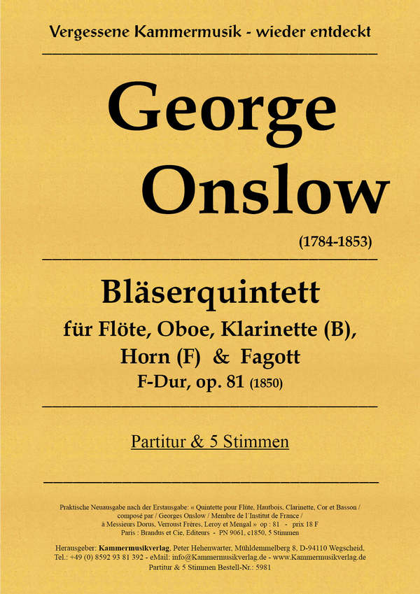 Quintett F-Dur op.81  für Flöte, Oboe, Klarinette, Horn und Fagott  Partitur und Stimmen