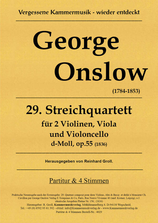 Quartett d-Moll Nr.29 op.55  für 2 Violinen, Viola und Violoncello  Partitur und Stimmen