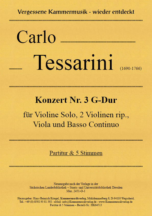 Konzert Nr.3 G-Dur  für Violine Solo, 2 Violinen rip., Viola, Violoncello/Bass und Bc  Partitur und 5 Stimmen