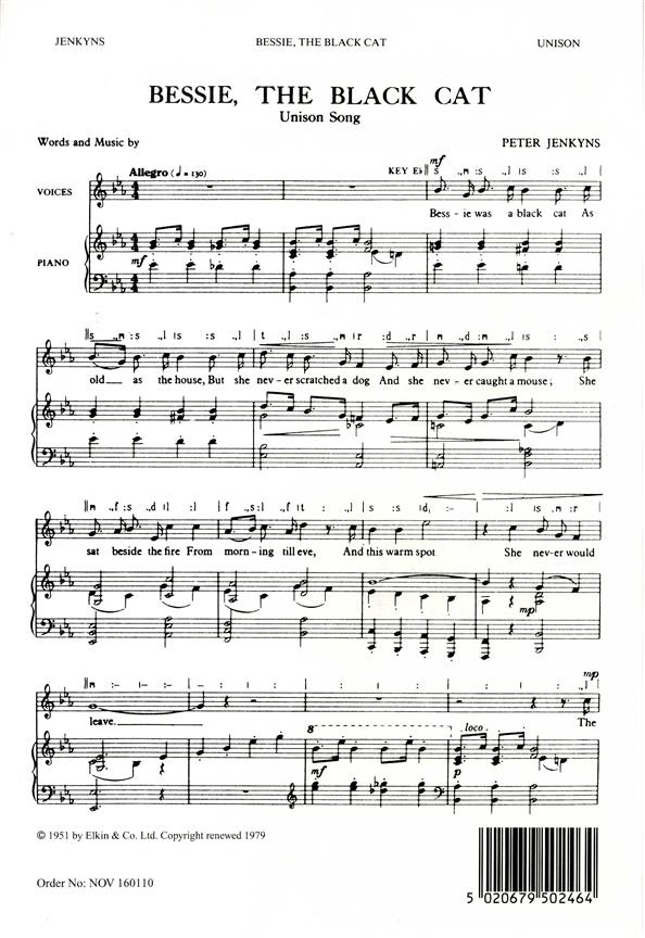 Peter Jenkyns, Bessie The Black Cat&nbsp;&nbsp;Vocal and Piano&nbsp;&nbsp;Chorpartitur