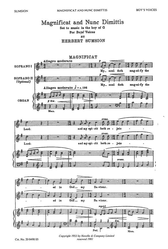 Herbert Sumsion, Magnificat And Nunc Dimittis In G (Boys Voices)&nbsp;&nbsp;Soprano Organ Accompaniment&nbsp;&nbsp;Chorpartitur