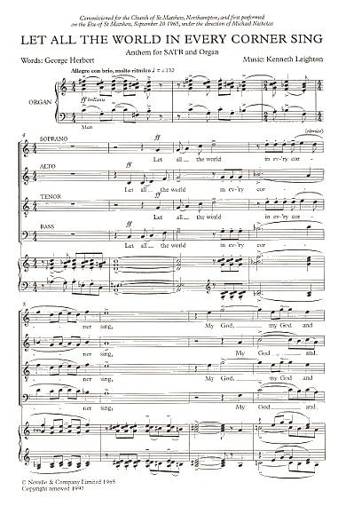 Kenneth Leighton, Let All The World In Every Corner Sing&nbsp;&nbsp;SATB and Organ&nbsp;&nbsp;Chorpartitur
