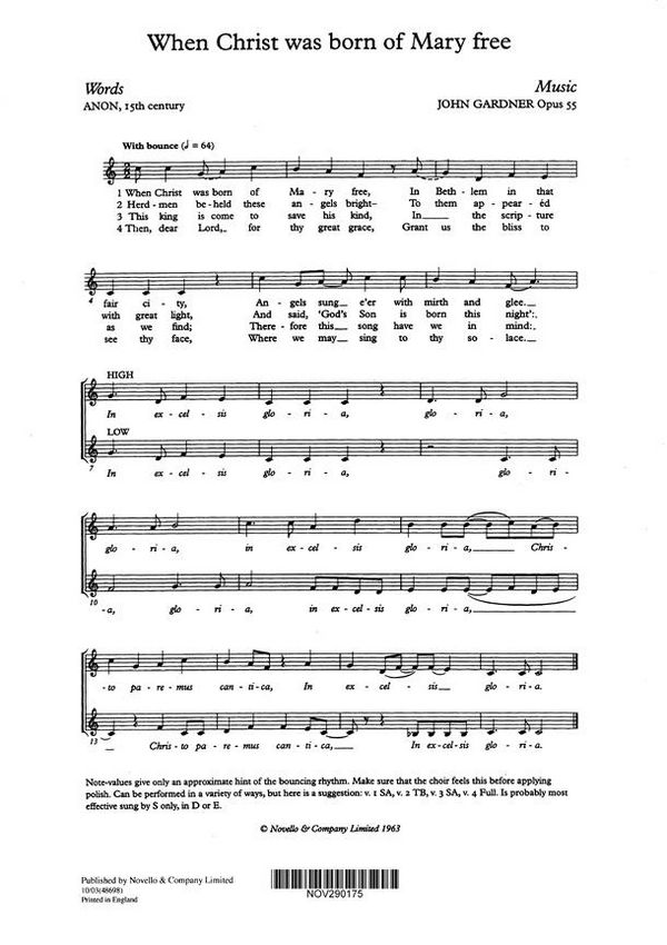 John Gardner, When Christ Was Born Of Mary Free&nbsp;&nbsp;Soprano Voice&nbsp;&nbsp;Buch