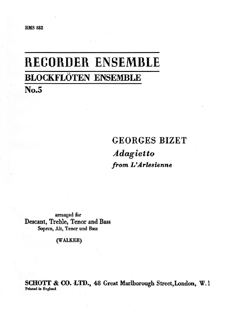 Adagietto from l'arlessienne  for 4 recorders (satb)  score