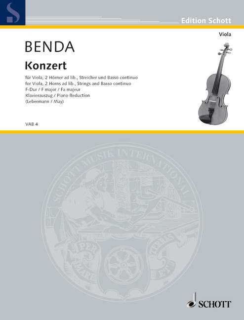 Konzert F-Dur  für Viola und Streicher mit Cembalo, 2 Hörner ad libitum  Klavierauszug mit Solostimme