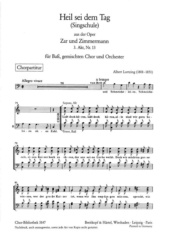Heil sei dem Tag aus 'Zar und Zimmermann'  für B solo, SATB Chor und Orchester  Chorpartitur