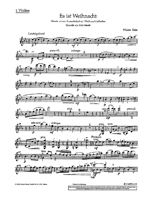 Es ist Weihnacht  für Frauenchor (SSAA) mit Sopran-Solo und Streichquintett  Einzelstimme - Violine I