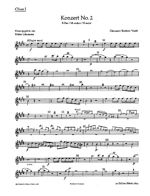 Konzert No. 2 E-Dur  für Violine und Streichorchester, 2 Oboen und 2 Hörner ad libitum  Stimmensatz - Ob I, Ob II, Hn-e I, Hn-e II, 4 V I, 4 V II, 2 Va, 4 Vc/
