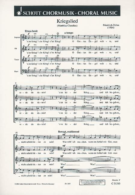 Kriegslied  für gemischten Chor a cappella  Chorpartitur