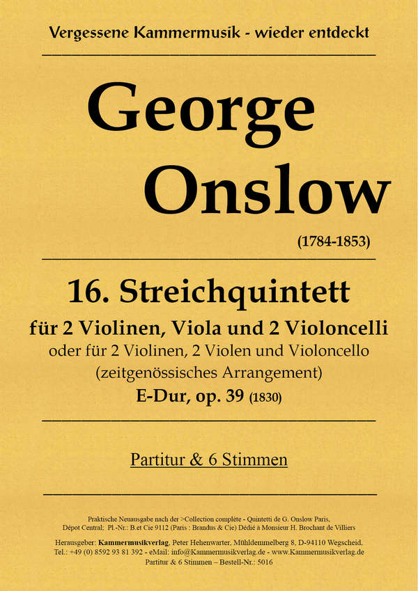 Quintett E-Dur Nr.16 op.39  für 2 Violinen, Viola und 2 Violoncelli  Partitur und 6 Stimmen