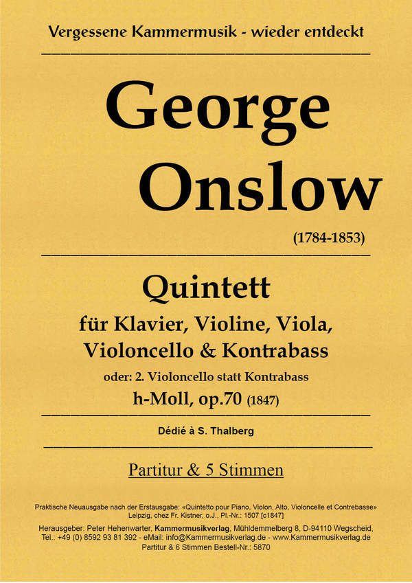 Quintett h-Moll für Klavier, Violine,  Viola, Violoncello und Kontraba9 (Vc)  Partitur und 6 Stimmen