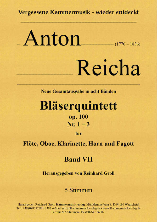 Bläserquintette op.100 Band 7 (Nr.1-3)  für Flöte, Oboe, Klarinette, Horn und Fagott  Partitur und Stimmen