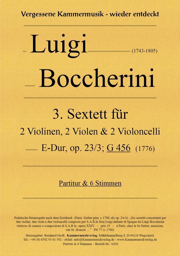 3. Streichsextett op.23,3 E-Dur G456  für 2 Violinen, 2 Violen und 2 Violoncelli  Partitur und Stimmen