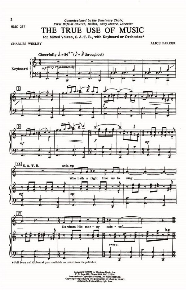 Alice Parker, The True Use Of Music  SATB and Keyboard  Chorpartitur