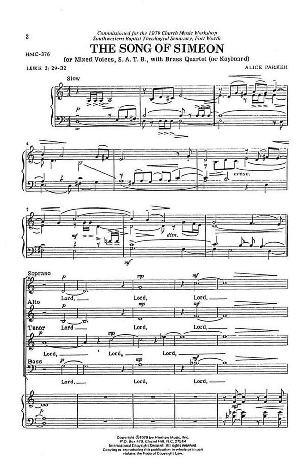 Alice Parker, The Song Of Simeon  SATB and Keyboard  Chorpartitur