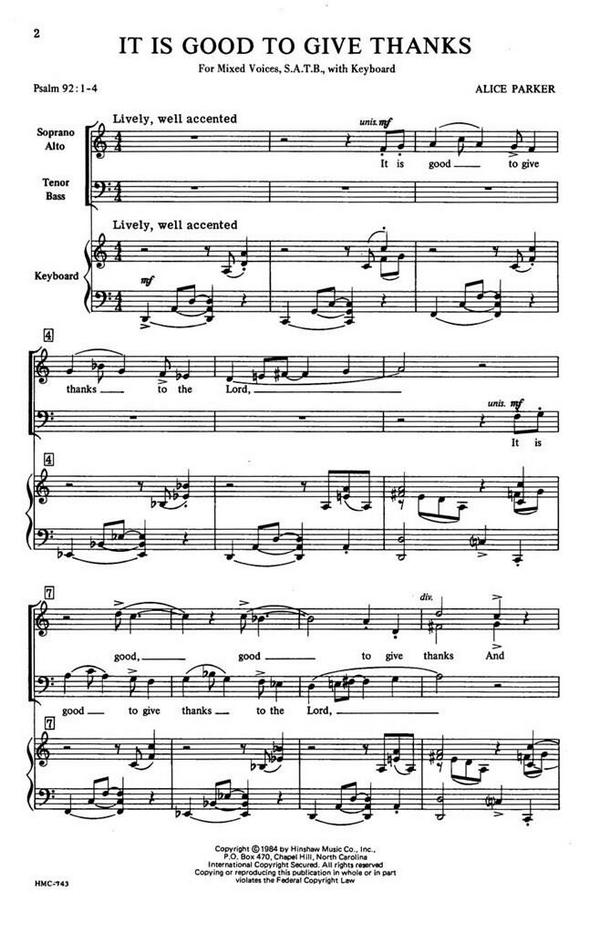 Alice Parker, It Is Good To Give Thanks  SATB and Keyboard  Chorpartitur