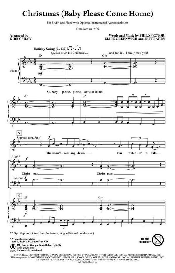 Christmas (Baby Please Come Ho)  for mixed choir (SAB) and piano  choral score