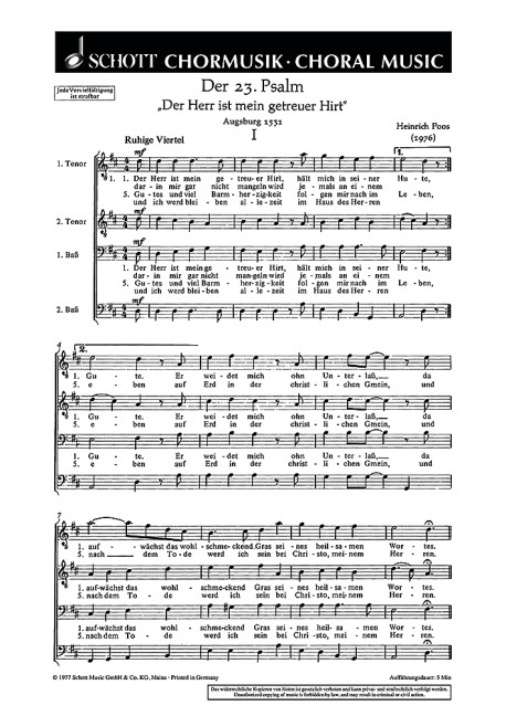 Der 23. Psalm  für Männerchor (TTBB) und Solo (Bar)  Chorpartitur