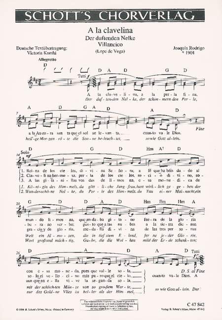 A la clavelina - Der duftenden Nelke  für Kinderchor (SMez) mit Solo, Gitarre ad libitum  Chorpartitur