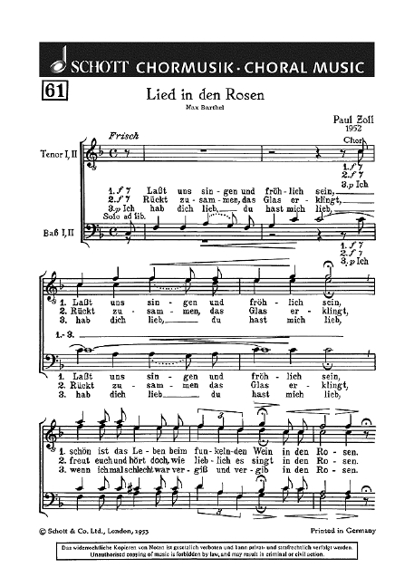 Lied in den Rosen  für Männerchor (TTBB)  Chorpartitur