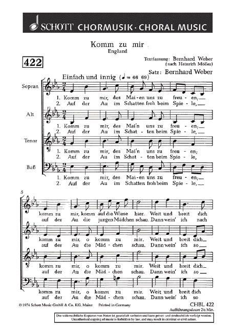 Komm zu mir  für gemischten Chor (SATB)  Chorpartitur