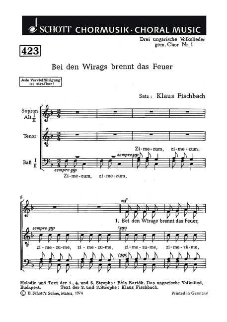 Drei ungarische Volkslieder&nbsp;&nbsp;für gemischten Chor (SATB)&nbsp;&nbsp;Chorpartitur