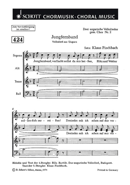 Drei ungarische Volkslieder&nbsp;&nbsp;für gemischten Chor (SATB)&nbsp;&nbsp;Chorpartitur