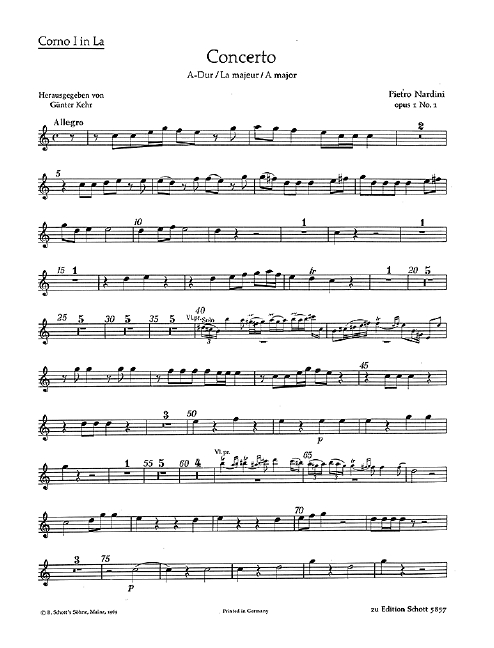 Concerto A-Dur op. 1/1  für Violine, Streicher, Orgel (Cembalo), 2 Hörner in A ad libitum  Stimmensatz - Hn-a I, Hn-a II, Org/Cemb, 4 V I, 4 V II, 2 Va, 4 Vc/Kb