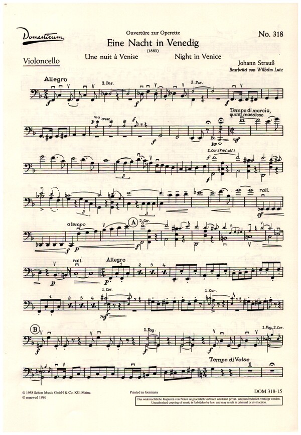 Eine Nacht in Venedig&nbsp;&nbsp;für Salonorchester&nbsp;&nbsp;Violoncello