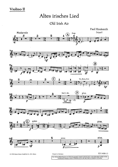 Altes irisches Lied  für gemischten Chor (SATB) mit Klavier oder Streichorchester und Harfe  Einzelstimme - Violine II
